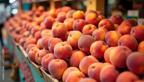 Abundance of fresh ripe peaches display at local market offers a delightful fruity experience