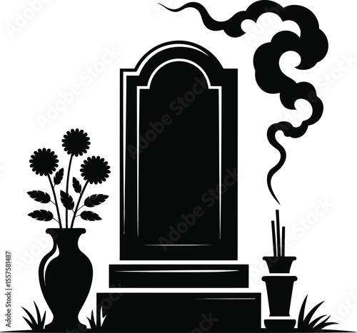 Grave marker with flowers incense and smoke silhouette