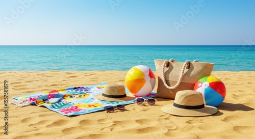 Beach scene with beach balls, hats, sunglasses, a tote bag, and a colorful towel on the sand.