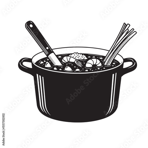 Vintage art silhouette illustrative depiction of a pot of delicious shrimp gumbo with a knife and celery sticks for culinary decoration