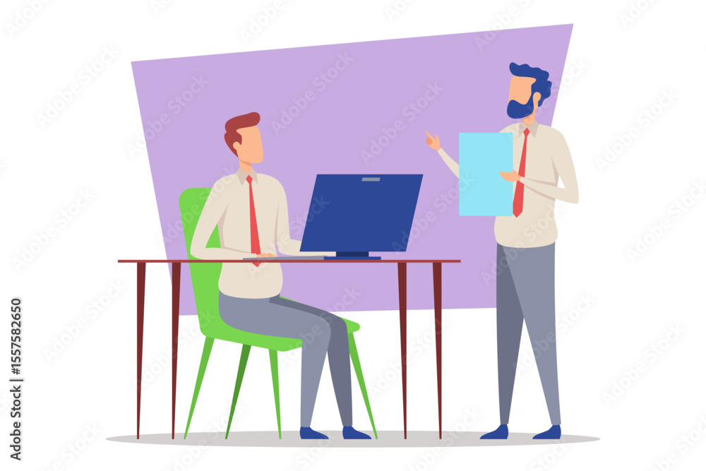 Two coworkers engaged in discussion during meeting. One sitting at desk with computer while other standing nearby holding document Two coworkers engaged in discussion during meeting. One sitting at desk with computer while other standing nearby holding document