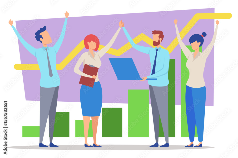 Obraz premium Diverse group of four professionals cheering while celebrating project achievement. Graphs and charts illustrating growth in background