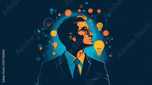 Businessman silhouette with bright ideas and innovation concepts around him.