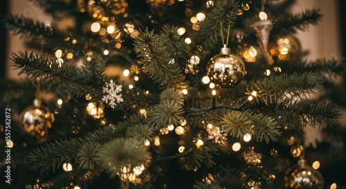 Close-up of a Christmas tree adorned with golden ornaments and warm, glowing lights.