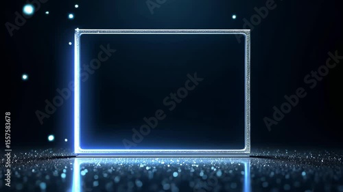 Neon glow square frame with abstract metallic boxes. Futuristic empty presentation stage background concept. 