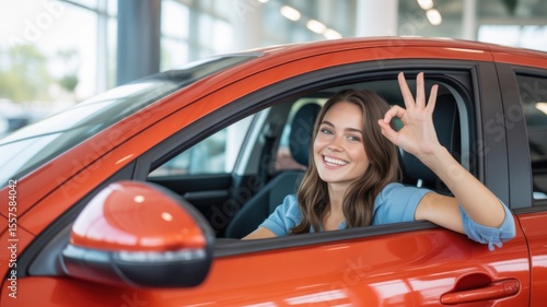 Happy Woman Showcasing New Car with OK Gesture Inside Vehicle