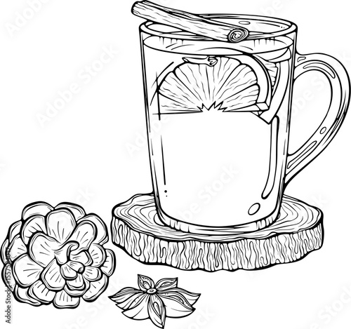 Ginger tea cup on wooden coaster with cinnamon stick, pine cone, star anise. Cozy winter drink. Vector illustration in hand drawn doodle sketch style. Line art isolated on white for coloring book
