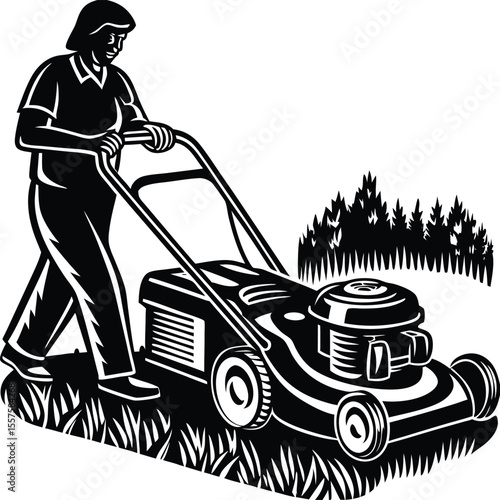 Push Lawn Mower Set Of Silhouette Vector ,man mowing lawn, sunshine, backyard, activity, house hold, worker