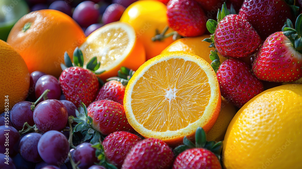 Close Up of Colorful Fresh Fruits Ripe Strawberries, Oranges and Grapes Close Up of Colorful Fresh Fruits Ripe Strawberries, Oranges and Grapes