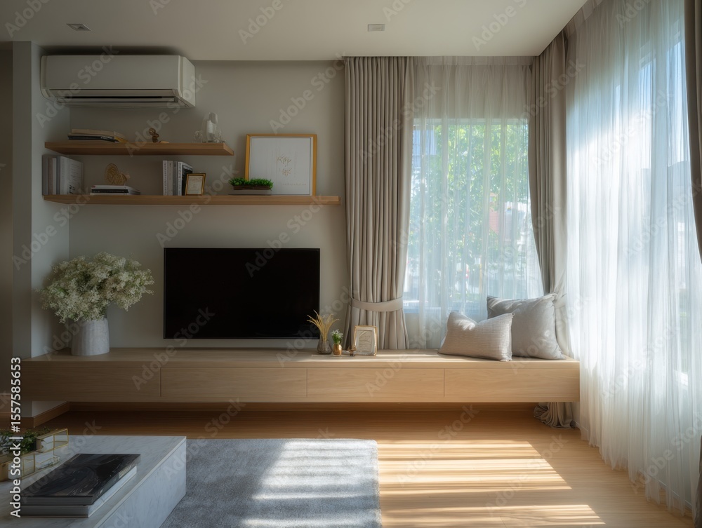 Fototapeta premium A living room with a white curtain and a wooden shelf. A television is on the shelf. A vase with flowers is on the shelf. A couch is in the room