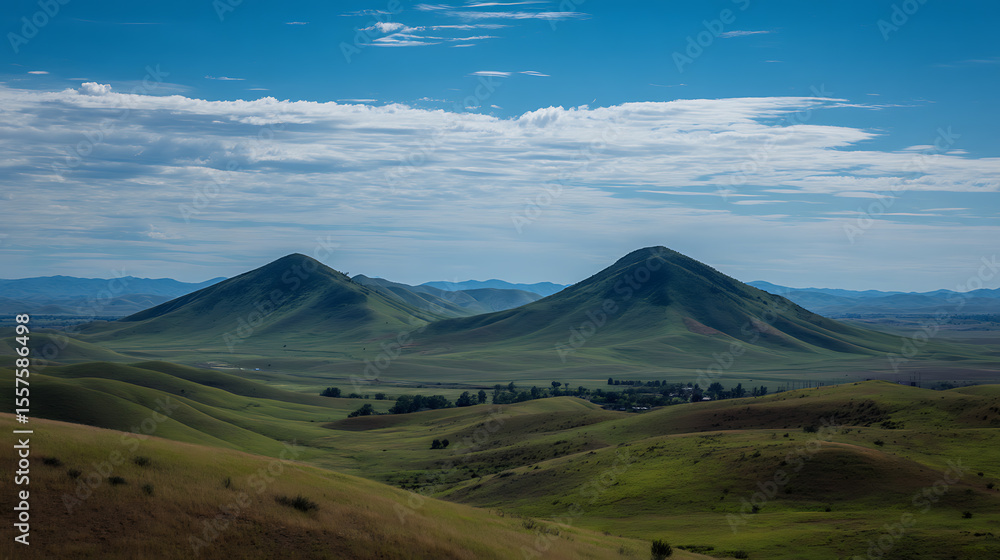 Fototapeta premium Serene green hills rolling landscape under blue sky