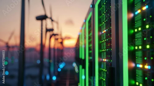 Renewable energy integration in modern data centers at sunset with sustainable wind turbines