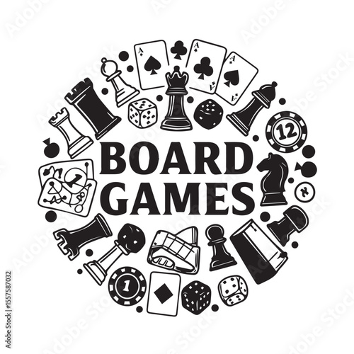 Board games collection black and white chess cards dice monopoly