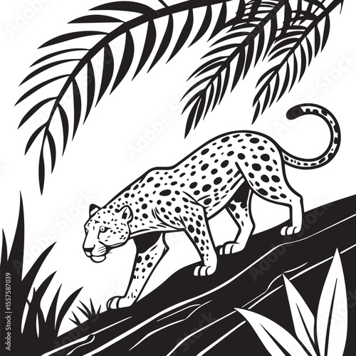 Black and White Leopard Illustration – Detailed Hand-Drawn Style Silhouette of a Full Body Leopard with Spots – Isolated on White Background for Jungle Wildlife and Nature Art Projects