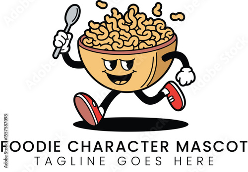 Animated bowl of pasta runs with a spoon in hand, a fun food character