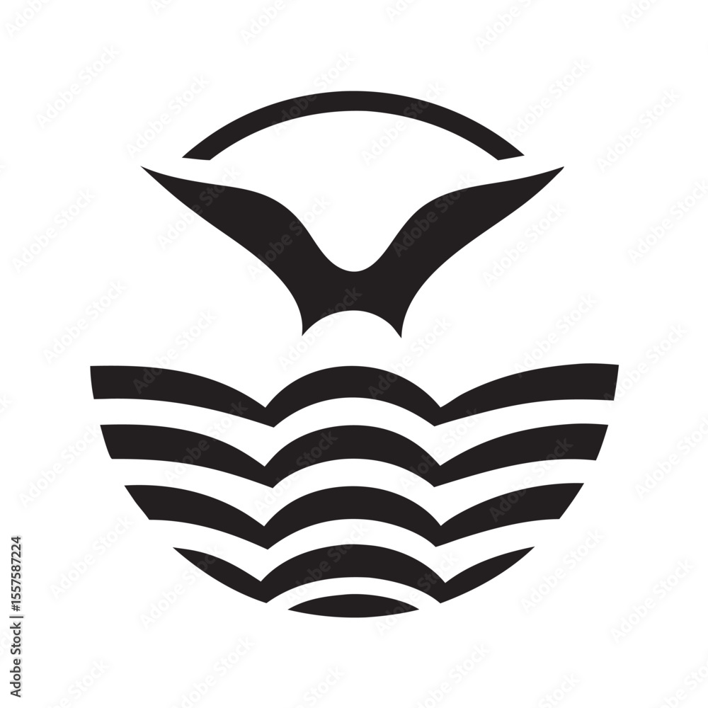 Naklejka premium Flying Seagull Logo Over Ocean Wave