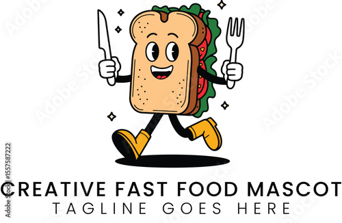 Cheerful sandwich character runs with fork and knife restaurant mascot