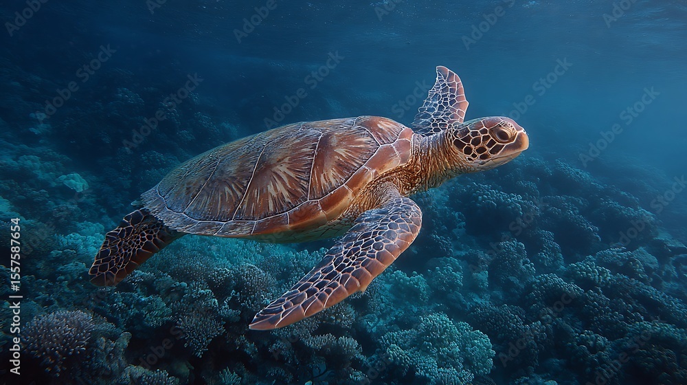 Obraz premium Sea turtle swims on reef