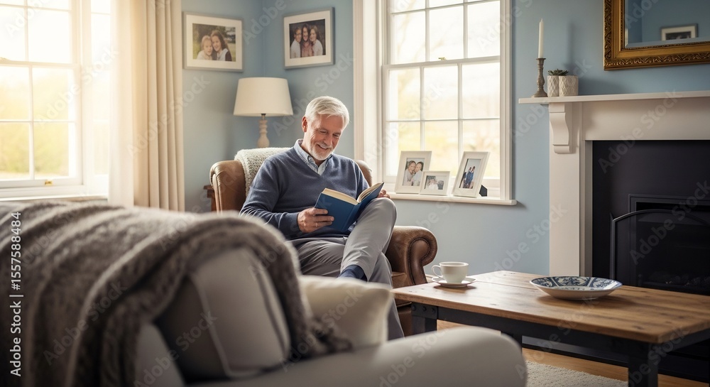 A senior man sits comfortably in a living room, engrossed in reading a book. A senior man sits comfortably in a living room, engrossed in reading a book.