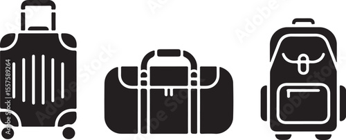 Three black travel bags including a suitcase duffel bag and backpack isolated on white background