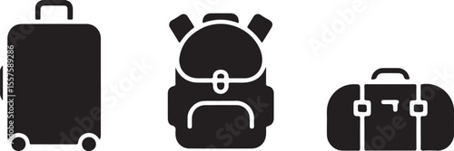 Three black silhouette icons of travel luggage and backpack isolated on white background