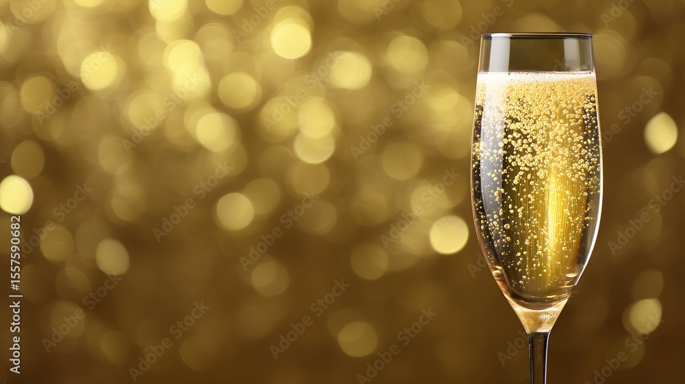 Glass of Sparkling Champagne Against Golden Bokeh Background Glass of Sparkling Champagne Against Golden Bokeh Background