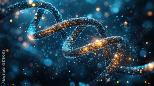 Futuristic background with glowing DNA helix strands, abstract medical science and biotech technology concept image