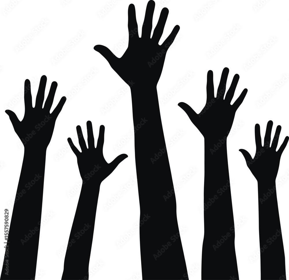 Vector silhouette illustration of people's raised hands reaching up towards the sky, symbolizing a group's collective effort for help, charity, or voting Vector silhouette illustration of people's raised hands reaching up towards the sky, symbolizing a group's collective effort for help, charity, or voting
