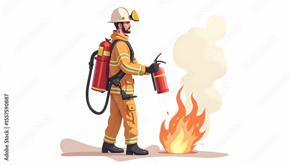 Obraz premium Firefighter Using Extinguisher on Fire with Smoke Illustration