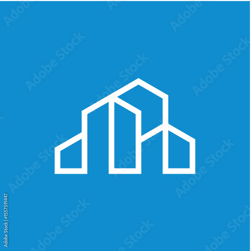 Minimalistic Geometric Icon Featuring Building Abstract Design in Blue Background

