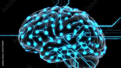 Brain with luminous blue dots connected by circuits set against a stark black backdrop
