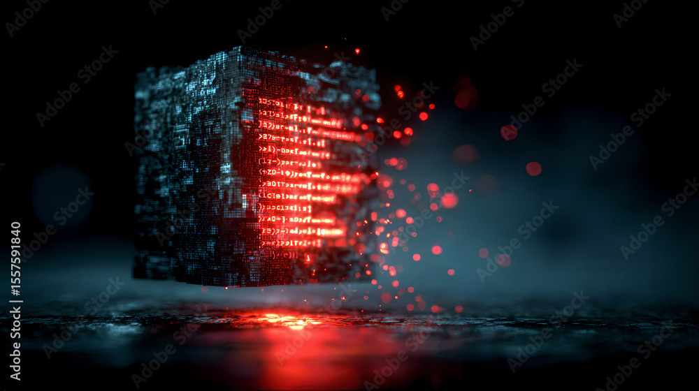Obraz premium Futuristic glowing data cube with red digital code and particle sparks in dark cyber environment, perfect for artificial intelligence, technology, and sci-fi themes