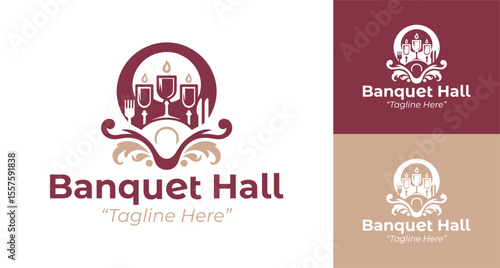 Elegant Banquet Hall Logo Design with Wine Glasses and Candle Icon in Burgundy