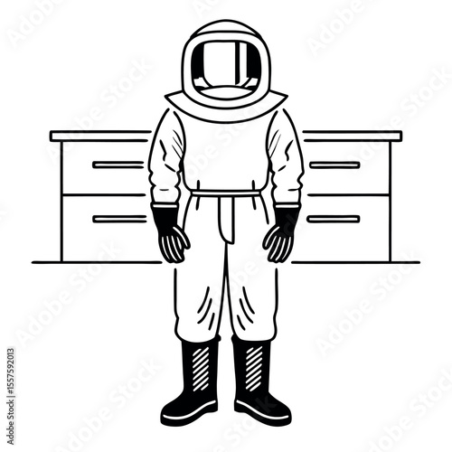 Detailed line art of a beekeeper in full protective gear