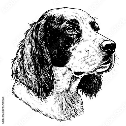 head english setter Dog pet portrait engraving intricate retro hand drawn style line art black and white vector illustration, isolated on white background