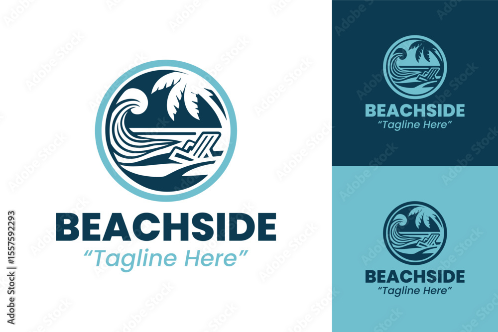 Fototapeta premium Beachside Logo with Palm Tree and Waves in Blue and Teal for Beach Events