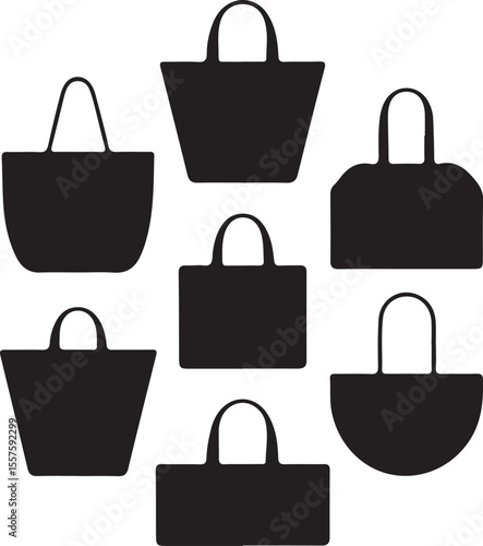 Collection of seven black shopping bag silhouettes isolated on white background