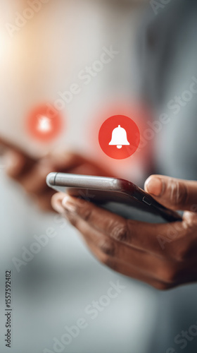 Notification alert concept with hand holding smartphone and red bell icon