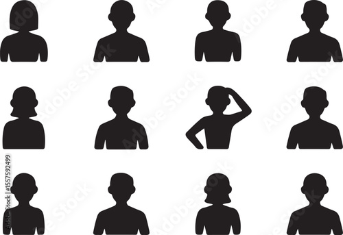 Collection of diverse human silhouette icons representing different people isolated on white background