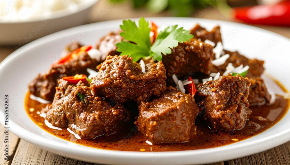 Famous traditional Indonesian Rendang dish. Famous Cuisine made with beef with a lot of spices Famous traditional Indonesian Rendang dish. Famous Cuisine made with beef with a lot of spices