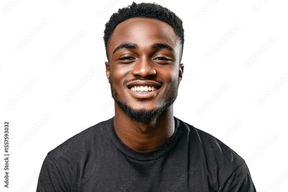 Obraz premium Young smiling man with an expressive face wearing a black shirt, showcasing happiness, positivity, and confidence against a plain backdrop.