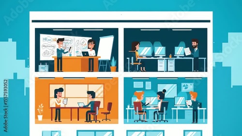 Cartoon office building showing several teams working at desks and a presentation