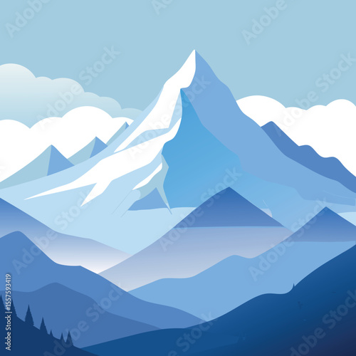Serene mountain valley shrouded in morning mist and dense fog