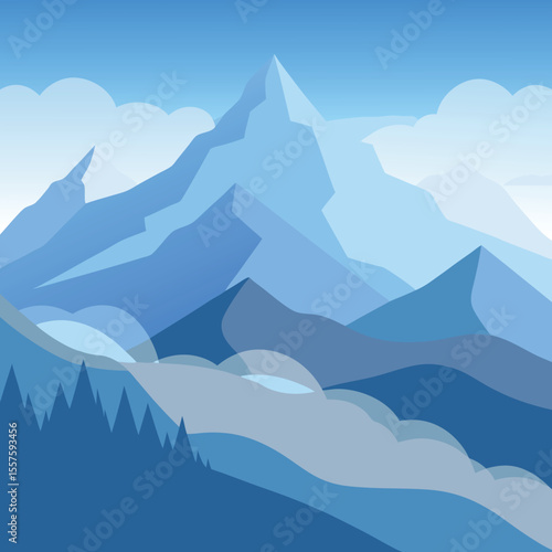 Serene mountain valley shrouded in morning mist and dense fog