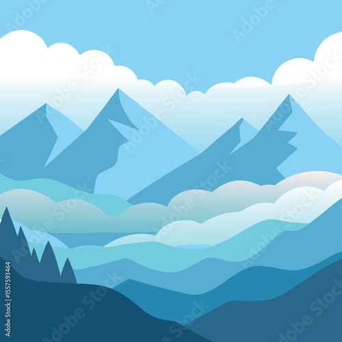 Serene mountain valley shrouded in thick morning mist