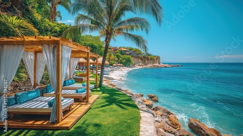 Tropical beach cabanas, turquoise water