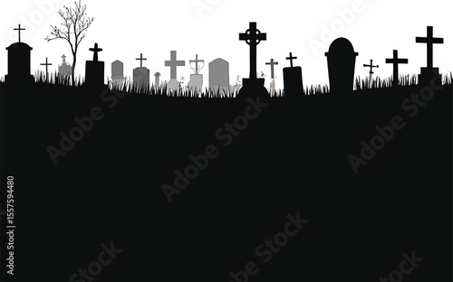 Urban cemetery skyline at night with silhouetted buildings and trees
