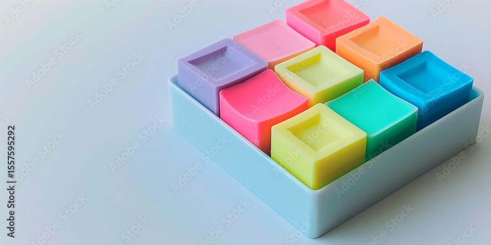Obraz premium Colorful toy blocks arranged in a square box for a playful children's learning and creative playtime background