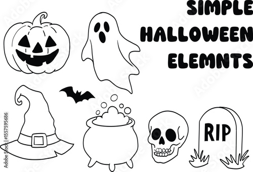 simple halloween elements collection with pumpkin ghost witch hat bat cauldron skull tombstone rip sign for spooky october decorations kids coloring book prints party invitations fun vector outline de