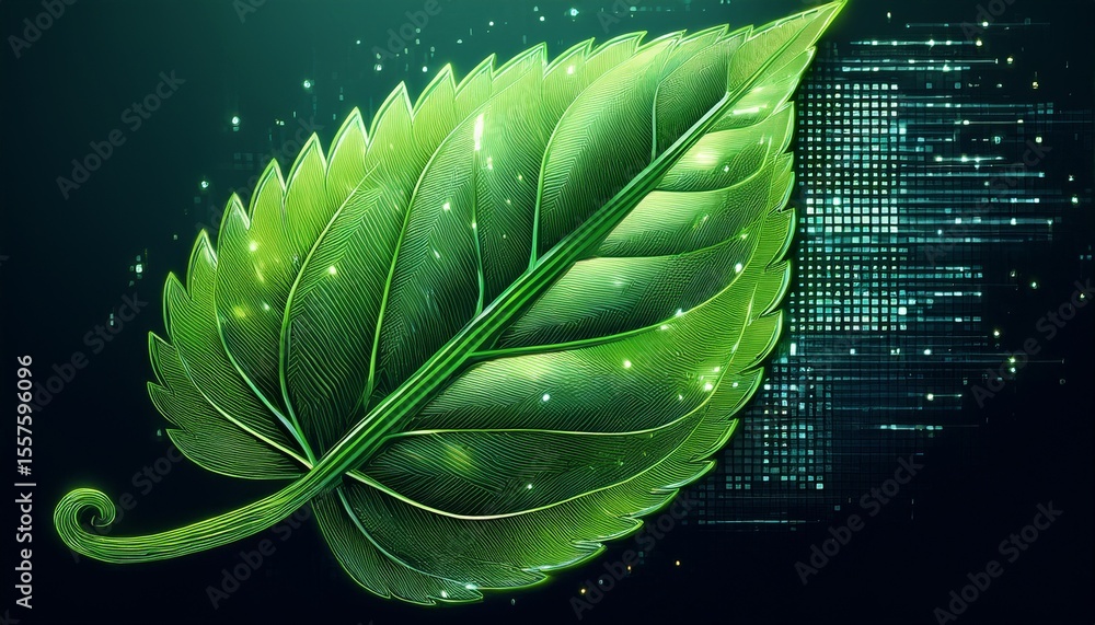 Obraz premium green leaf transforming into digital pixels illustrating the fusion of nature and technology in a creative artwork